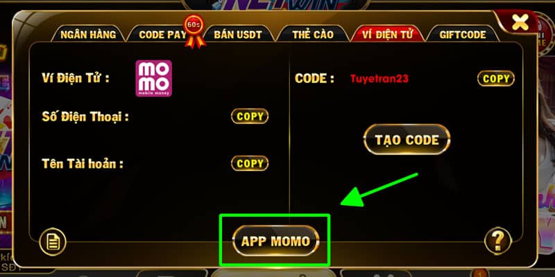 Ấn chữ app momo để được chuyển hướng qua ứng dụng nạp tiền